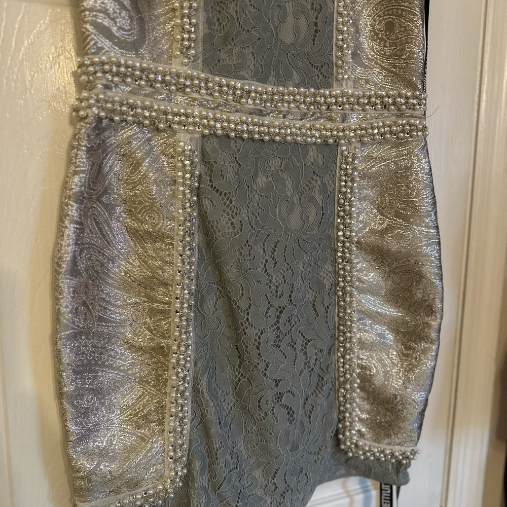 PrettyLittleThing Luci Pale Blue Premium High Neck Jacquard Lace Panel Mini *NWT - Picture 7 of 10
